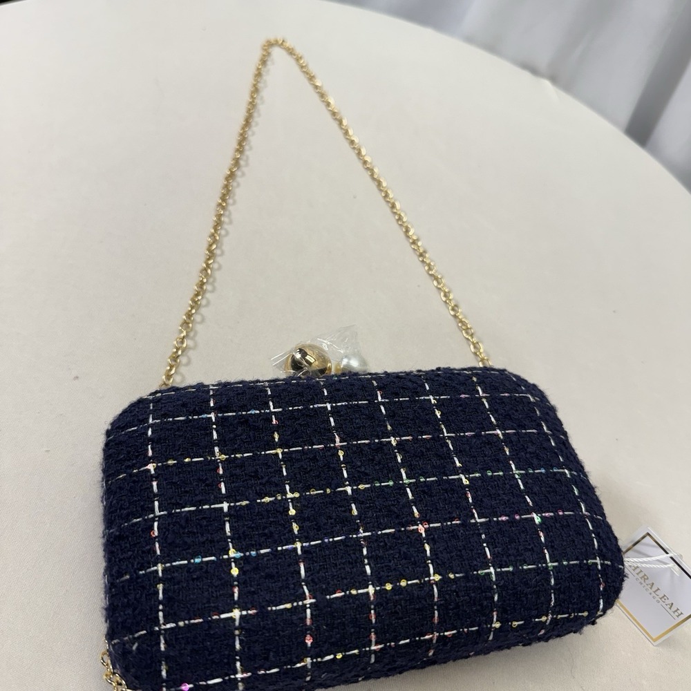 Navy Tweed Chain Shoulder Bag